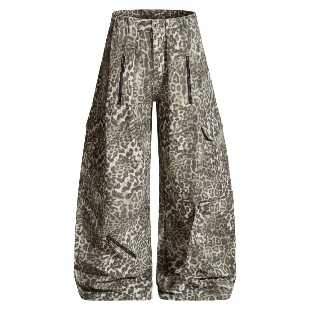Men’s Leopard Cargo Pants – Multi-Pocket Pleated Banana Trousers | Hip-Hop Streetwear