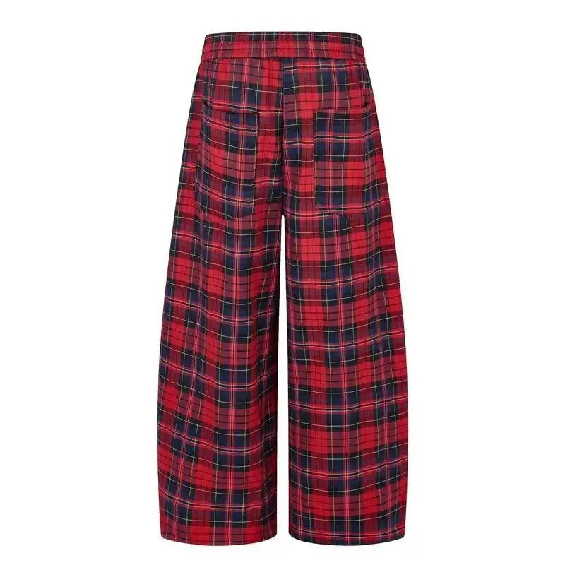 IEFB Men’s Red Plaid Trousers – Loose Fit Drawstring Pants | High-Street Style