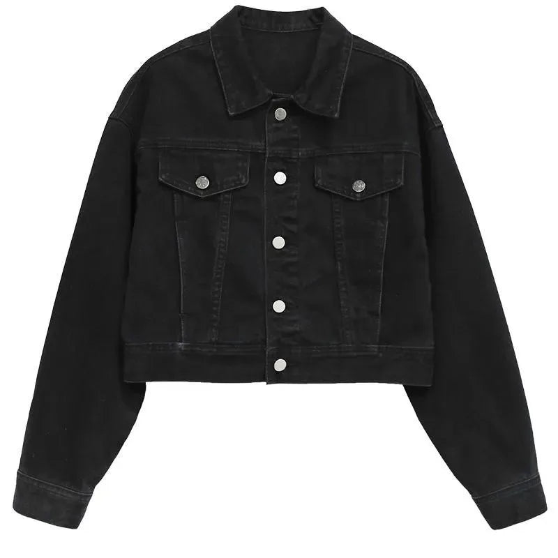 Men’s Vintage Black Denim Jacket – Loose Fit Long Sleeve Spring Streetwear Coat