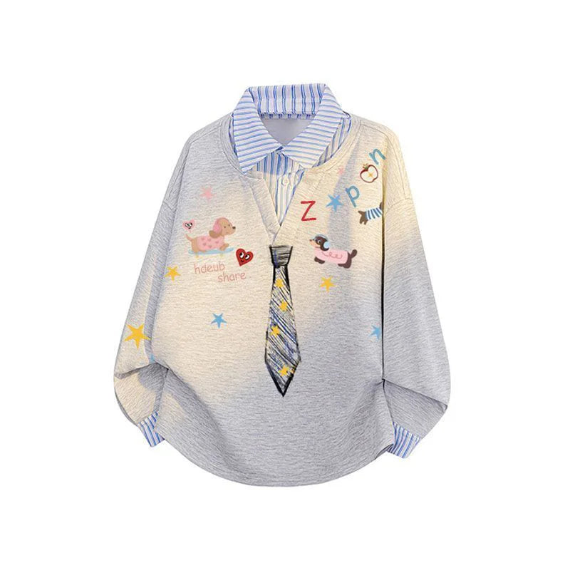 Women’s Kawaii Cartoon Print Sweatshirt – Loose-Fit Vintage Preppy Pullover, Cute Long Sleeve Patchwork Top
