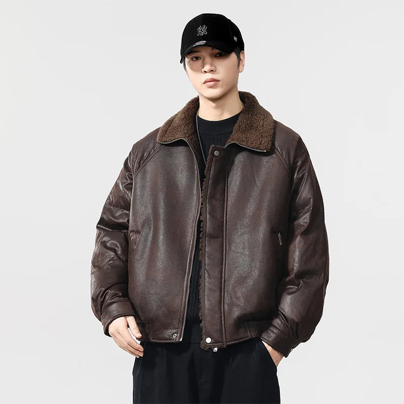 Men’s Faux Fur-Lined Leather Jacket – Warm Motorcycle-Inspired Coat | Vintage Loose-Fit Winter Streetwear Outerwearja