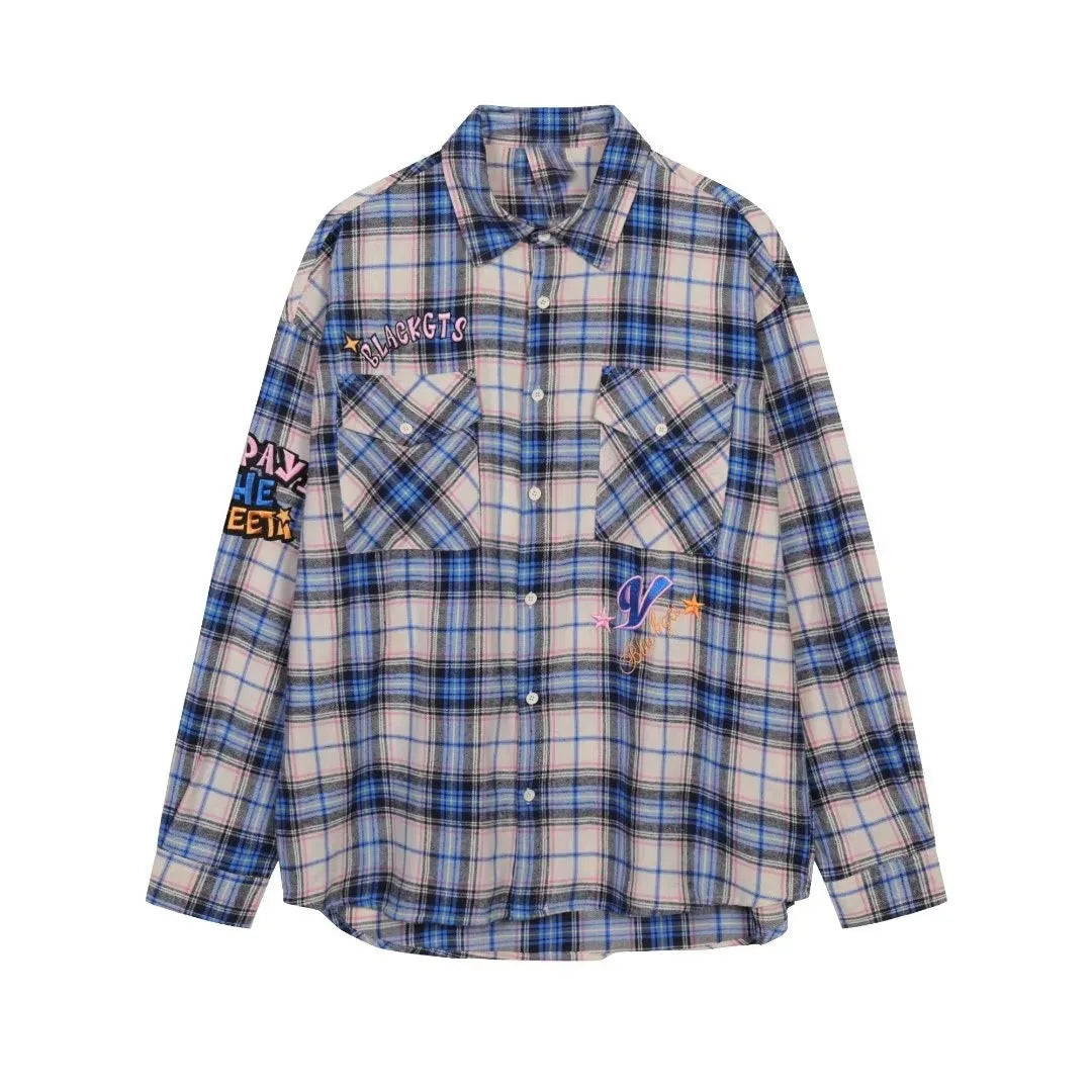 Men’s Embroidered Plaid Shirt – Loose Fit Long Sleeve Retro Casual Top