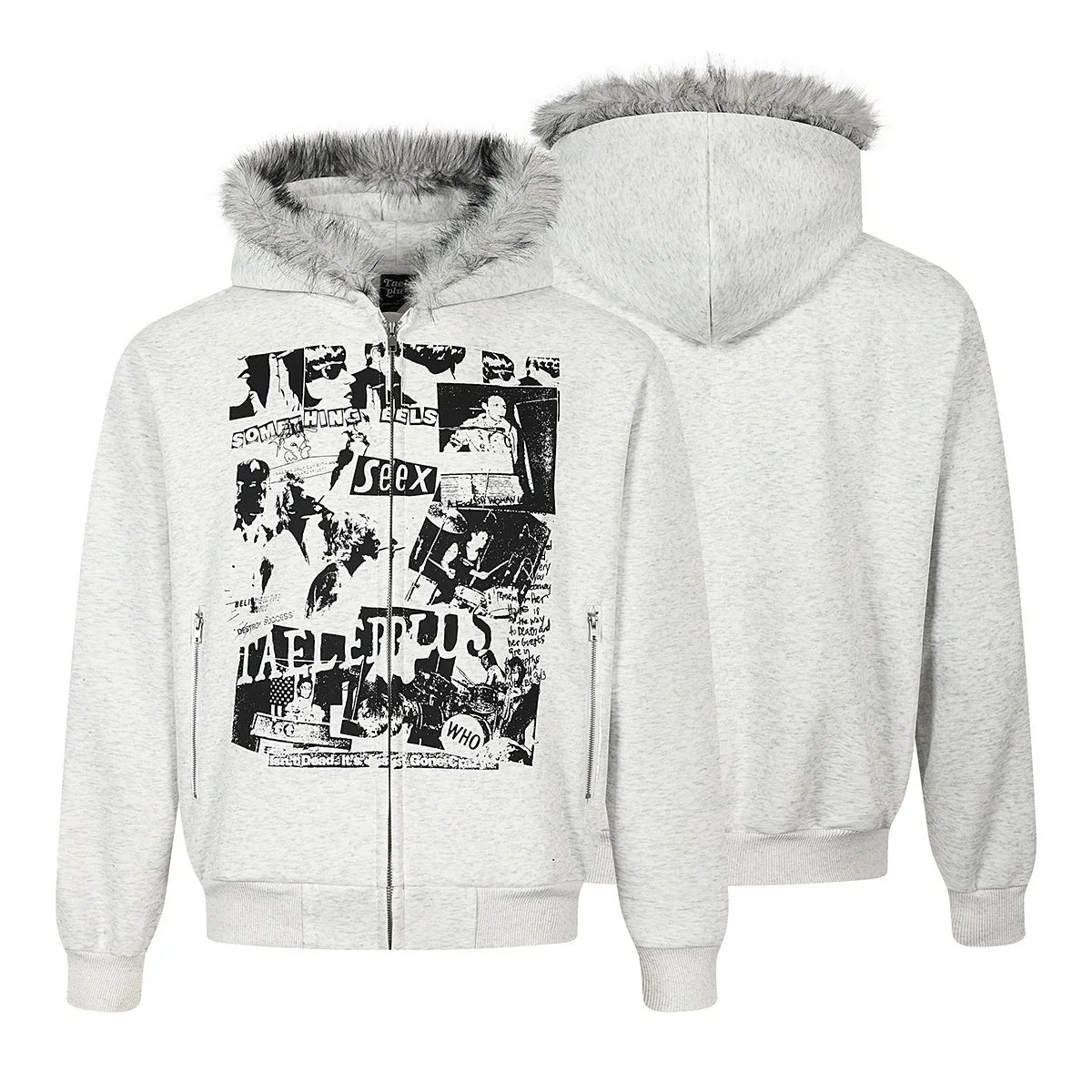 Unisex Retro Printed Hooded Jacket – Loose-Fit Long Sleeve Coat with Faux Fur Collar
