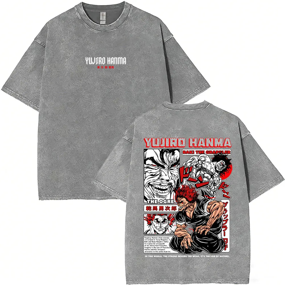 Unisex Baki Hanma Anime T-Shirt – Vintage Washed Oversized Retro Manga Cotton Tee
