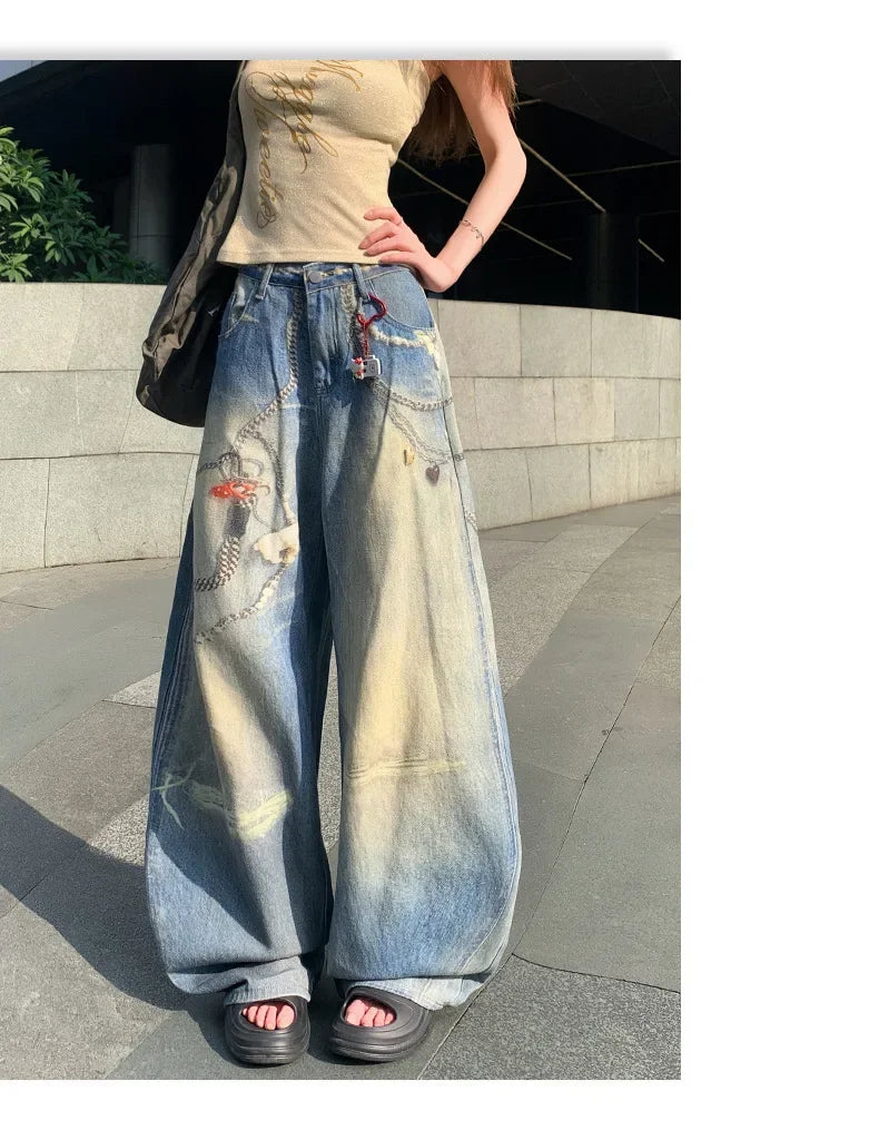 Mary's American Retro 3D Printed Chain Design Loose Wide Leg Denim Jeans