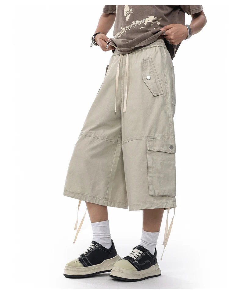 Unisex Wide-Leg Cargo Pants – Washed Cotton Baggy Calf-Length Streetwear Trousers
