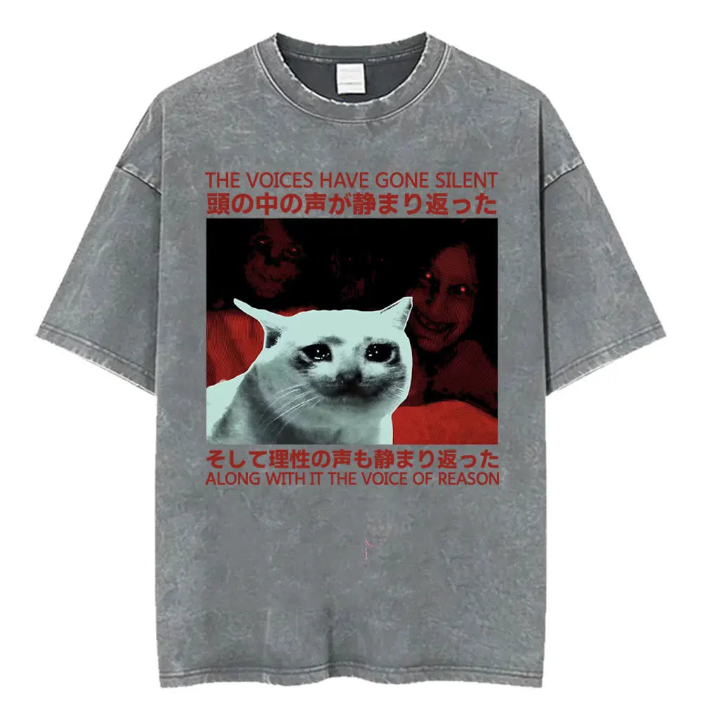 Unisex Funny Cat Graphic T-Shirt – Vintage Japanese-Style Washed Tee | Oversized Casual Streetwear
