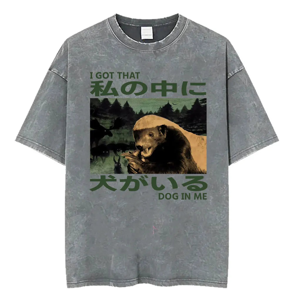 Unisex Funny Cat Graphic T-Shirt – Vintage Japanese-Style Washed Tee | Oversized Casual Streetwear