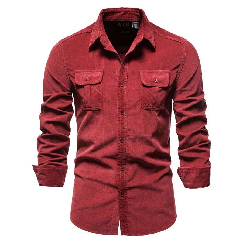 Men’s 100% Cotton Corduroy Shirt – Slim Fit Single-Breasted Casual Shirt