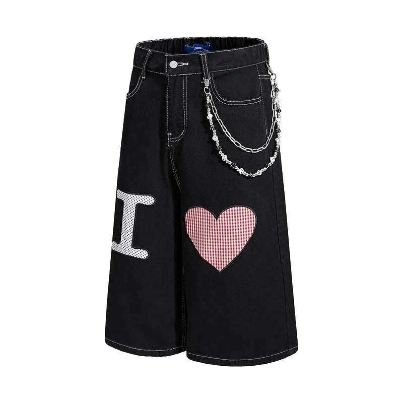 Men’s Y2K Denim Shorts – Loose-Fit Heart Embroidery Jorts with Chain Detail | Baggy Summer Streetwear