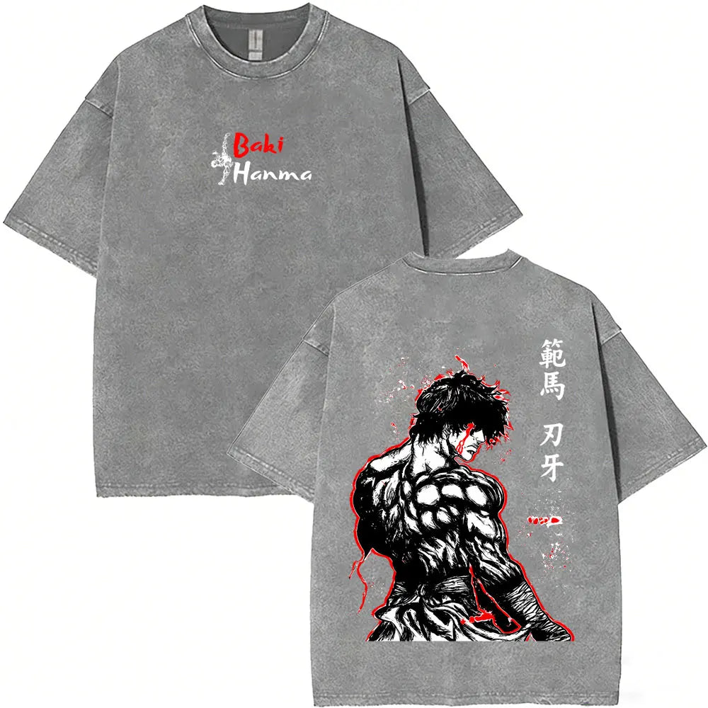 Unisex Baki Hanma Anime T-Shirt – Vintage Washed Oversized Retro Manga Cotton Tee
