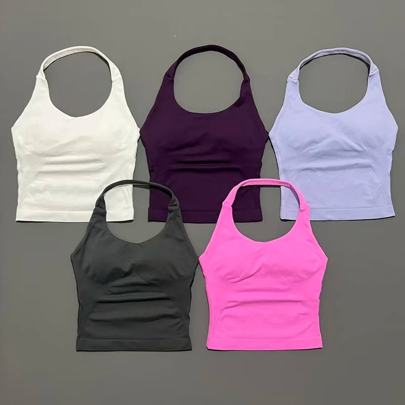 Women's Seamless Halterneck Longline Sports Tank Top – Ruched Gym Activewear
