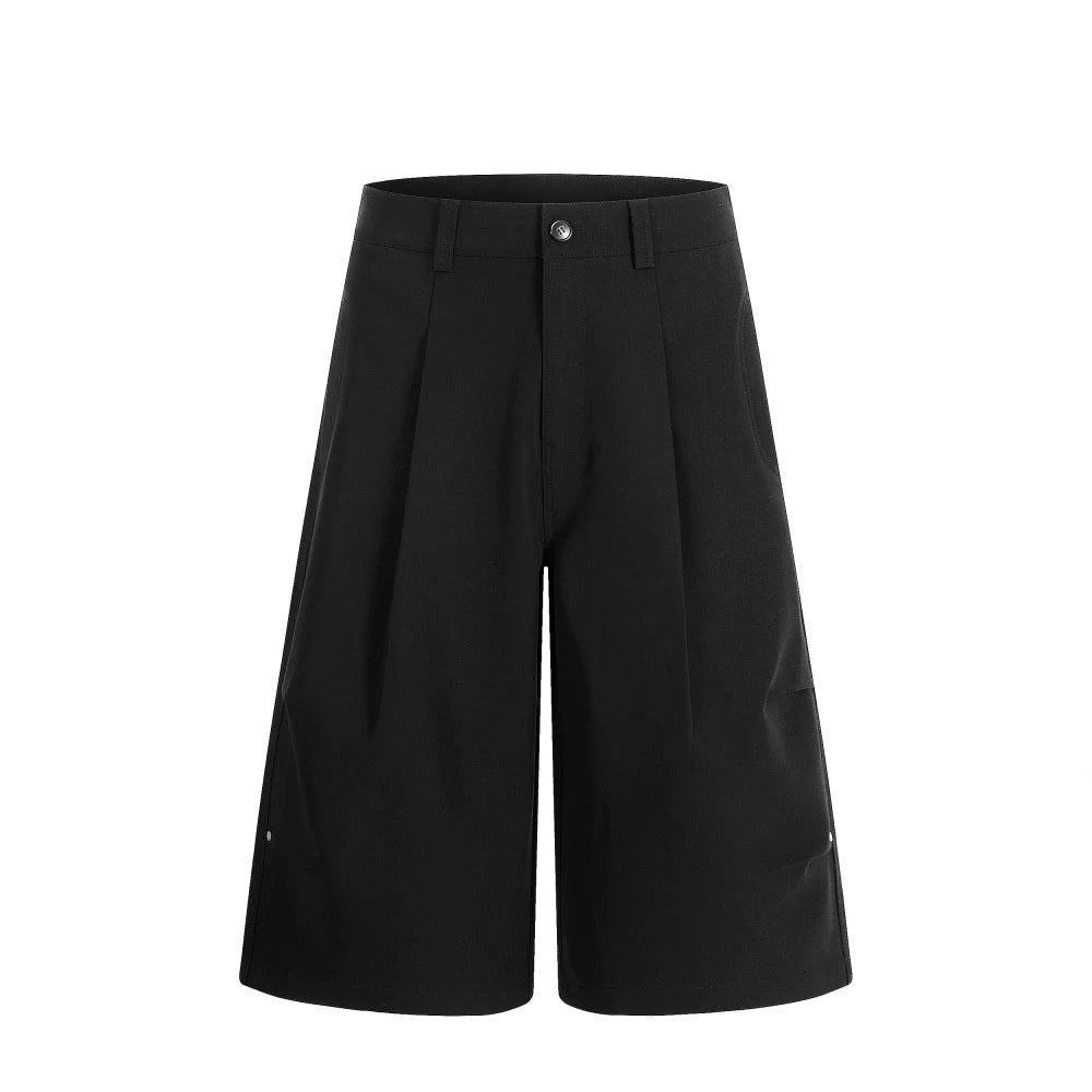 Men’s Retro Pleated Rivet Shorts – Baggy Wide-Leg Solid Color Casual Pants | Streetwear