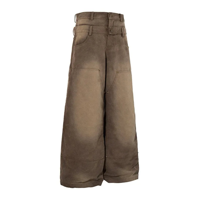 Men’s Double-Waist Cargo Jeans – Wide-Leg Baggy Washed Denim Pants | Y2K American Streetwear