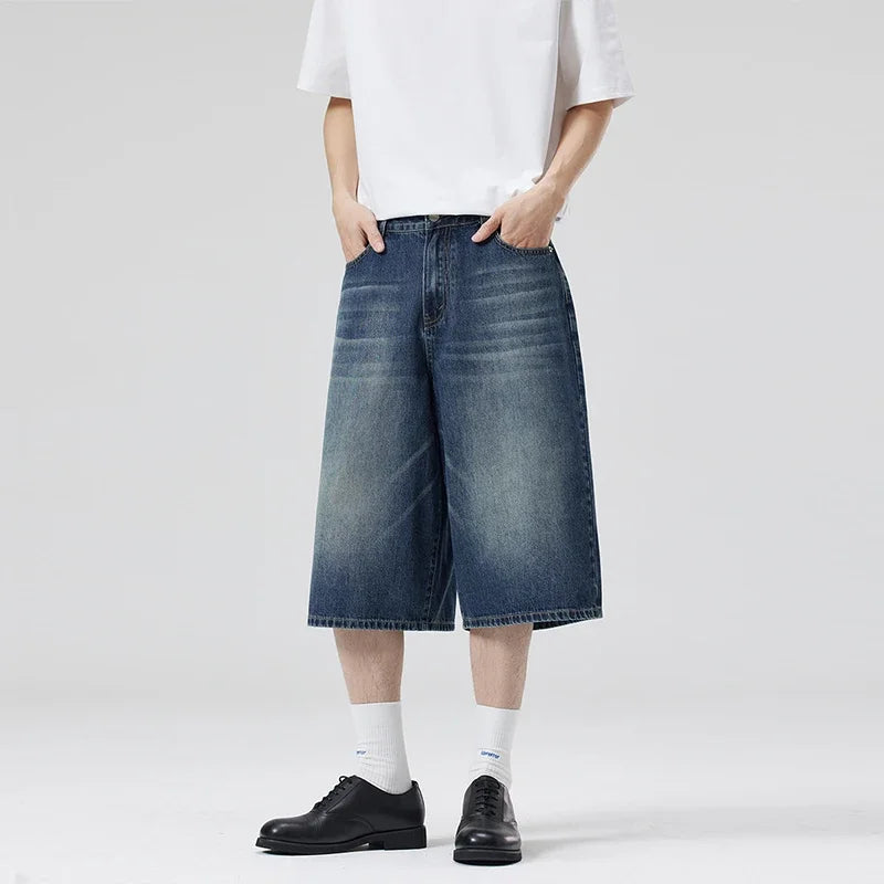 Men’s Lightning Crack Denim Shorts – Loose Wide-Leg Cropped Jeans | American Streetwear Casual Pants