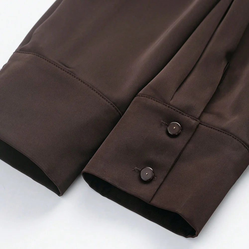 Women’s Satin Blouse – Belted Waist, Long Sleeve Lapel Top