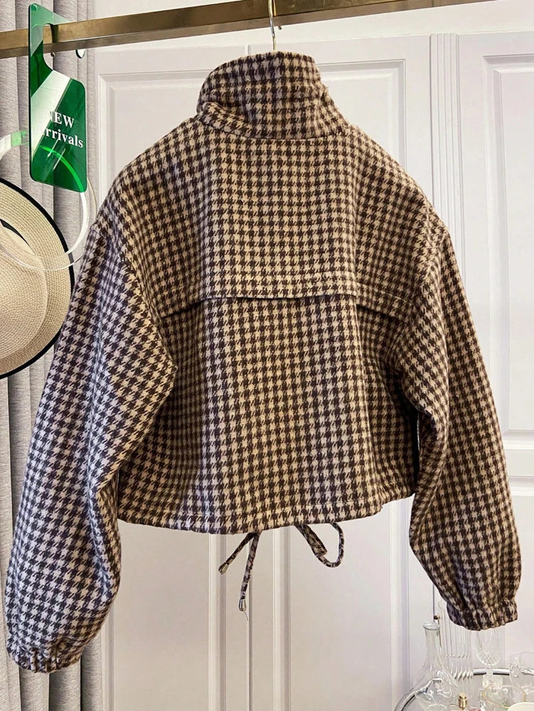 Women’s Houndstooth Cropped Jacket – Stylish Casual Streetwear Coat, Trendy Fall & Winter Outerwear