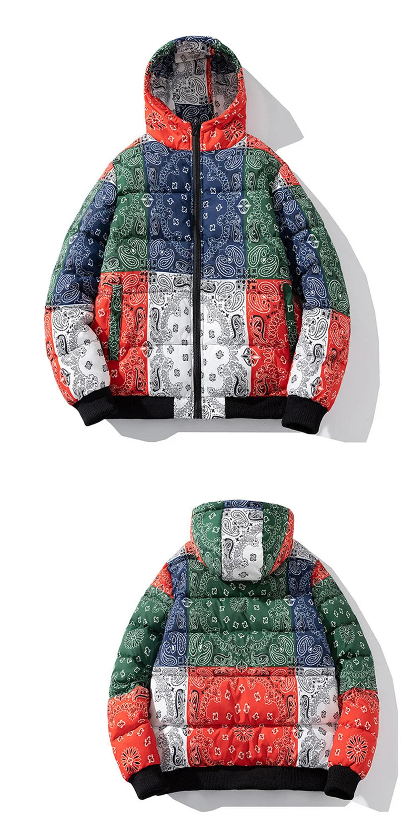 Men’s Winter Padded Jacket – Bandana Print Hooded Cotton Coat, Thick Warm Varsity Streetwear