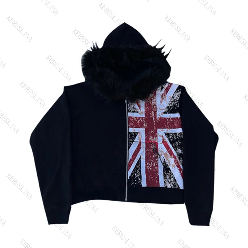 Unisex Y2K Faux Fur Collar Hoodie Jacket – Zip-Up Retro Punk Hip Hop Rock Streetwear Coat, Autumn & Winter