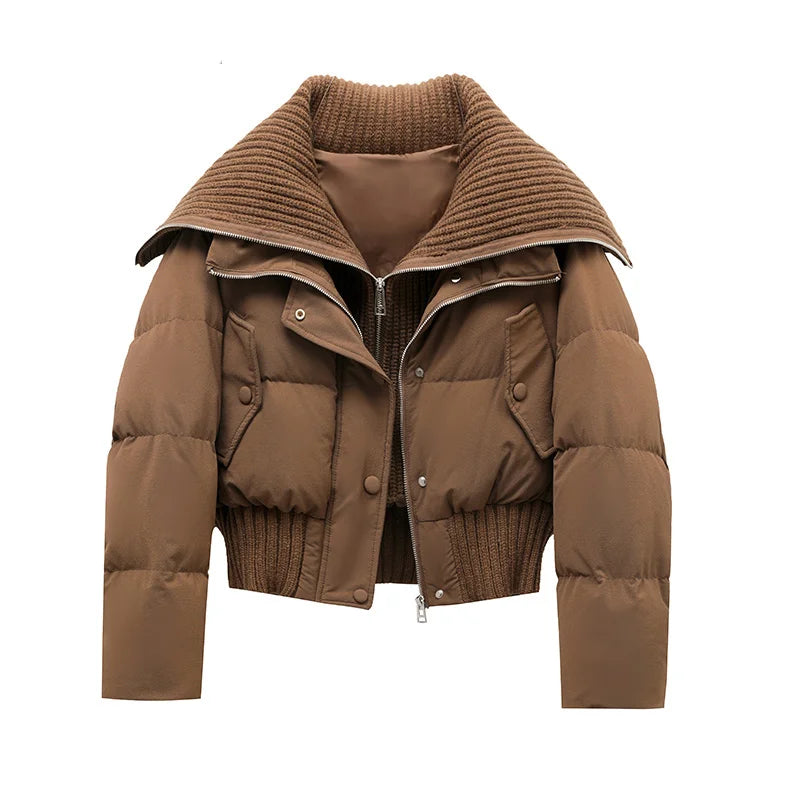 Women’s Korean-Style Padded Jacket – Thick Cropped Two-Piece Look, Turn-Down Collar Winter Coat for Autumn & Winter