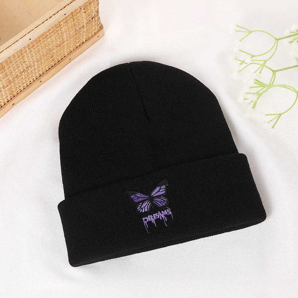 Women’s Cartoon Butterfly Knitted Beanie – Cute Crochet Winter Hat, Warm Autumn Outdoor Cap