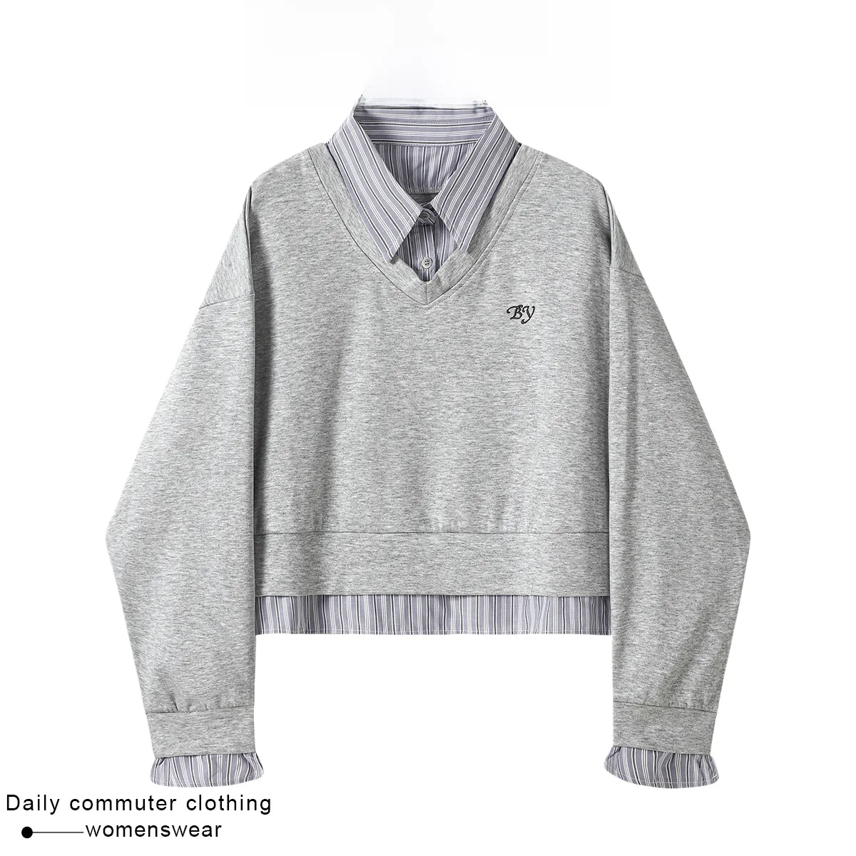 Women’s Stripe Patchwork Sweatshirt – Loose Fit Shirt Collar Fake Two-Piece Casual Top