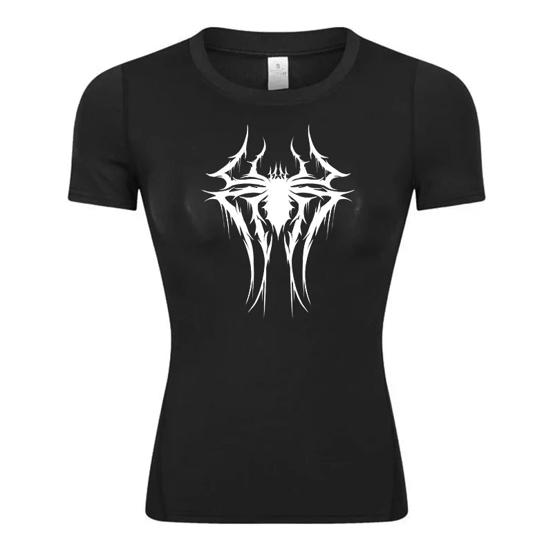 Women’s Spider Print Compression Shirt – Short Sleeve Athletic Top for Running, Gym & Yoga
