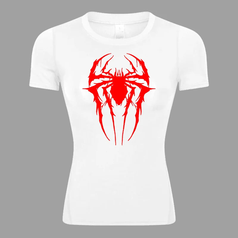 Women’s Spider Print Compression Shirt – Short Sleeve Athletic Top for Running, Gym & Yoga