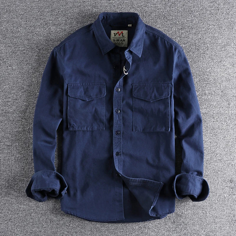 Men’s Retro Khaki Work Shirt Jacket – Solid Color Loose Fit with 3D Utility Pockets | Stylish Casual Autumn Overshirt
