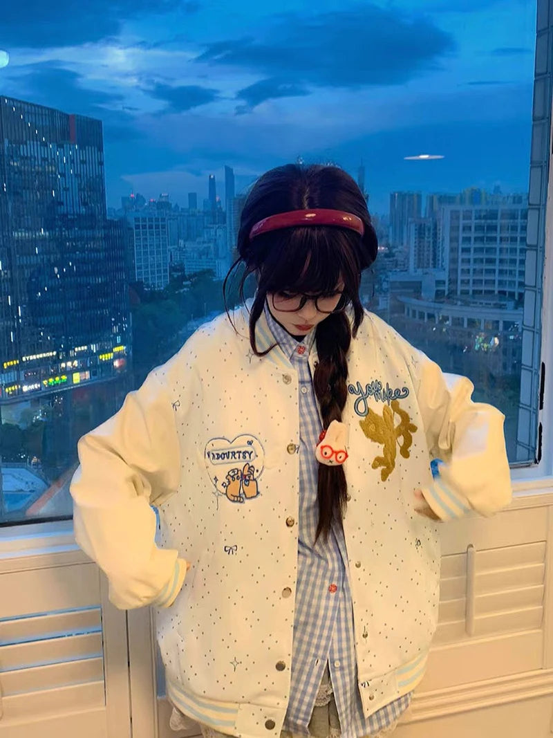 Embroidered Wings White Baseball Jacket Women Loose Lazy Casual Sweet Coat Long Sleeve Fall Winter Polka Dot Korean Outwear