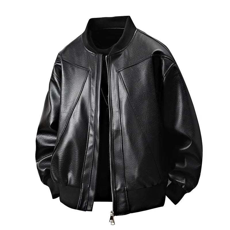 Men’s American-Style Leather Jacket – Baseball Collar Silk-Lined Bomber | Loose-Fit Spring Casual Outerwear