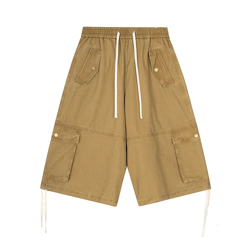 Unisex Wide-Leg Cargo Pants – Washed Cotton Baggy Calf-Length Streetwear Trousers