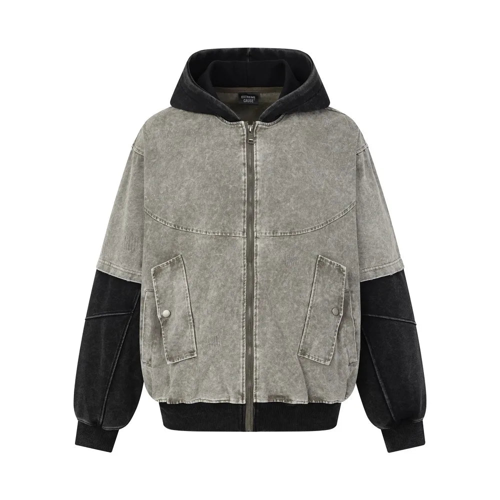 Unisex Oversized Distressed Hoodie – Washed Color Block Goth Grunge Zip-Up Sweatshirt, Y2K Streetwear Top