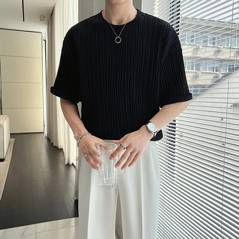 Men's Ice Silk Pleated T-Shirt – Casual Summer Crewneck Tee