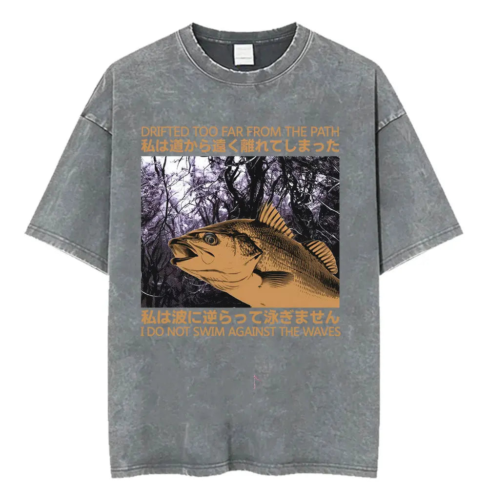 Unisex Japanese Fish Meme T-Shirt – Vintage Washed Oversized Tee | Harajuku Streetwear Graphic Top