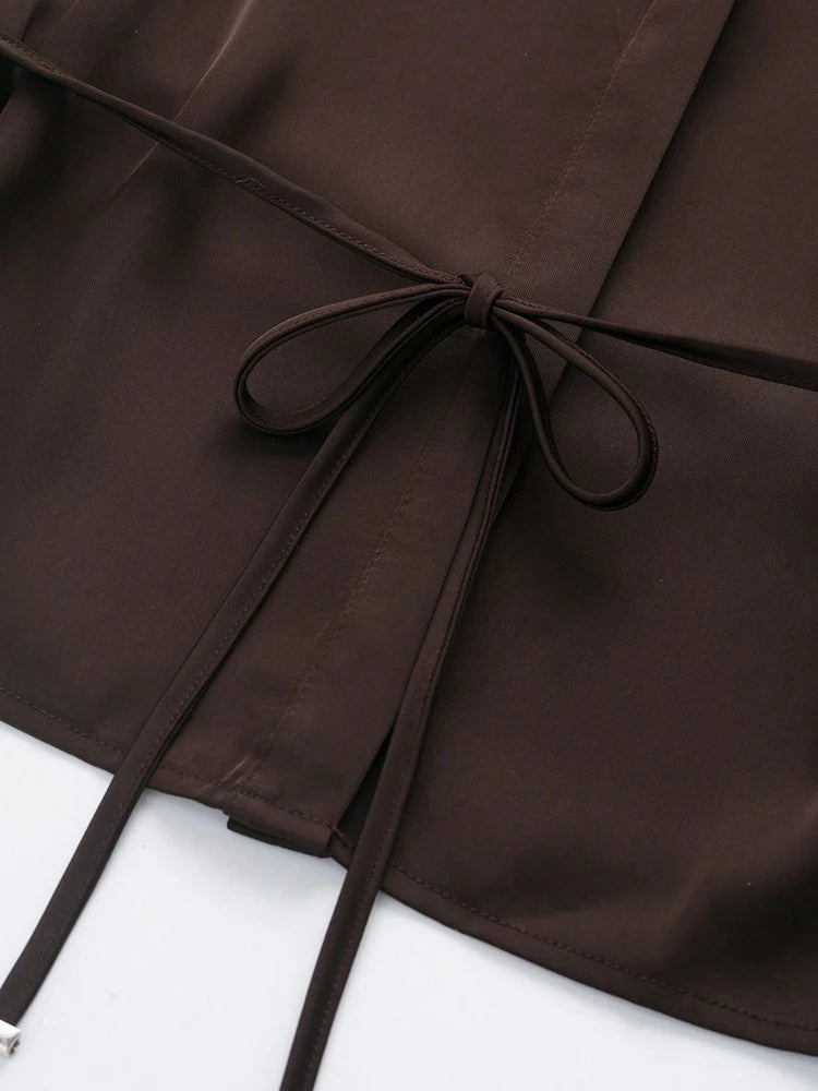 Women’s Satin Blouse – Belted Waist, Long Sleeve Lapel Top