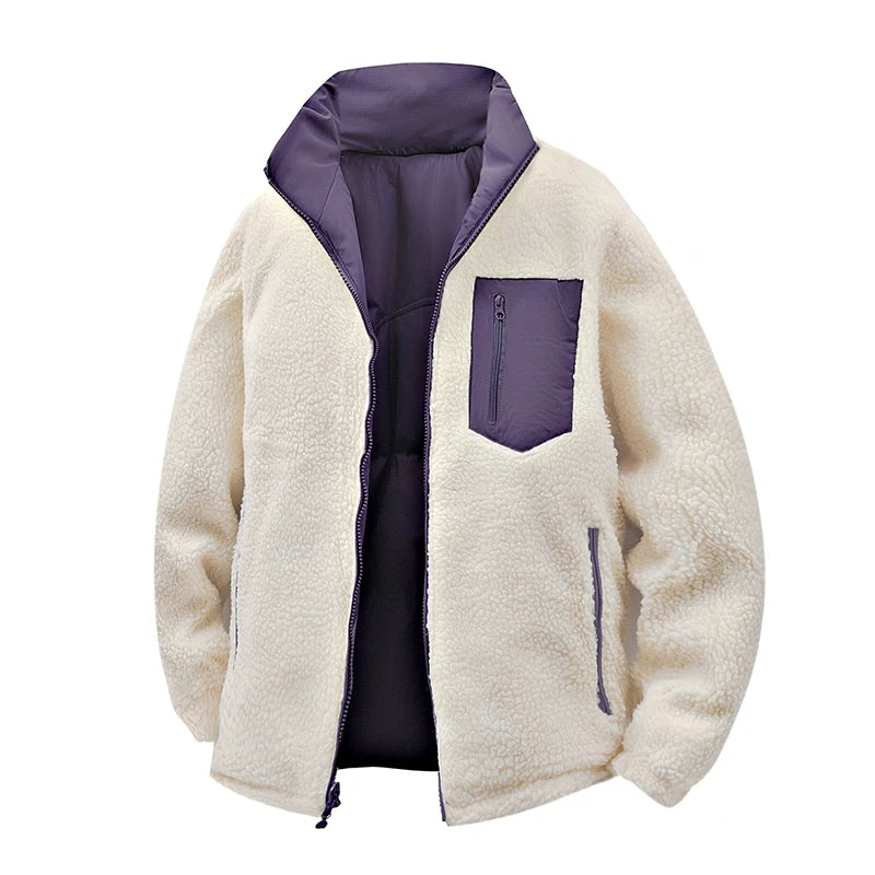 Men’s Double-Sided Lambskin Winter Jacket – Thick Cotton-Padded Warm Outdoor Coat, Reversible Cold-Weather Jacket