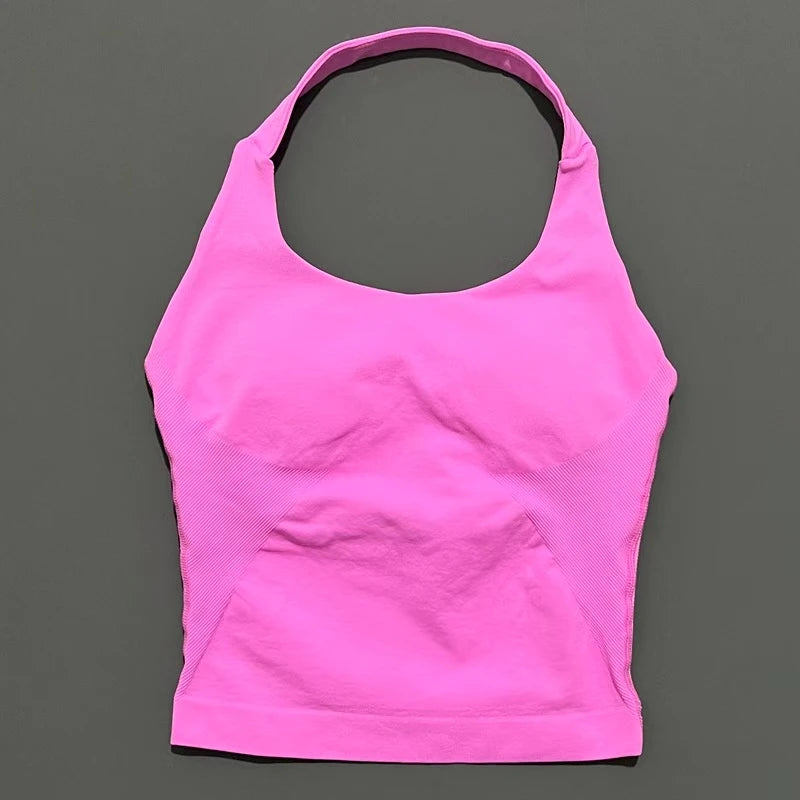 Women's Seamless Halterneck Longline Sports Tank Top – Ruched Gym Activewear