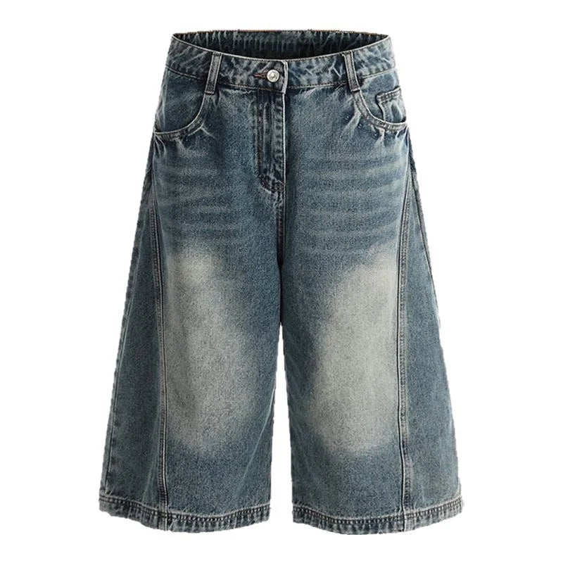 Men’s American Style Lightning Print Denim Shorts – Loose Straight-Leg Summer Jeans, Casual Wide-Leg Streetwear