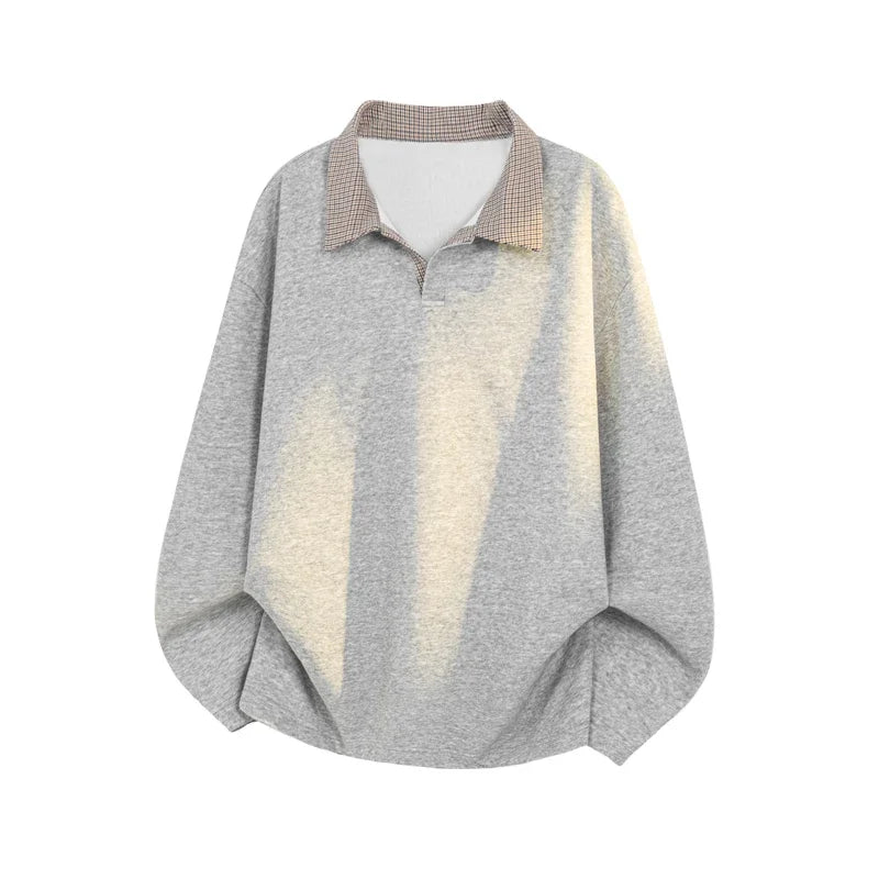 Men’s Contrast Grid Collar Shirt – Loose Fit Long Sleeve Casual Top