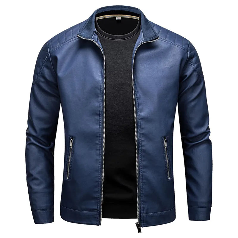 Men’s Stand Collar Leather Jacket – Slim Korean Style Casual Fashion Jacket