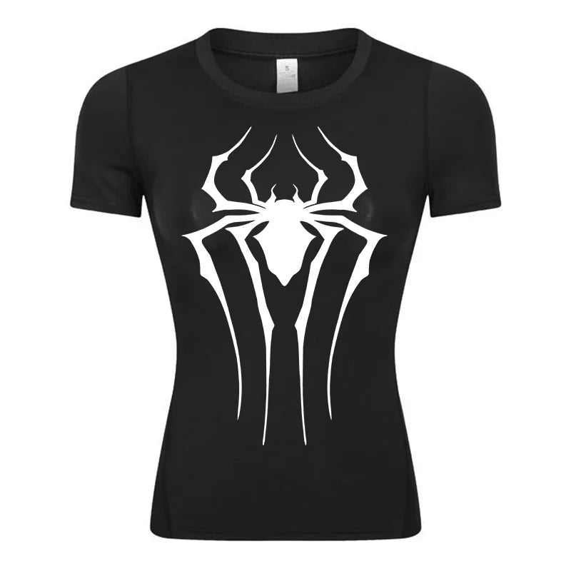 Women’s Spider Print Compression Shirt – Short Sleeve Athletic Top for Running, Gym & Yoga