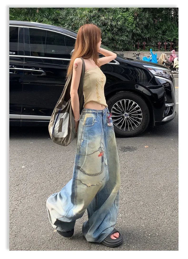 Mary's American Retro 3D Printed Chain Design Loose Wide Leg Denim Jeans
