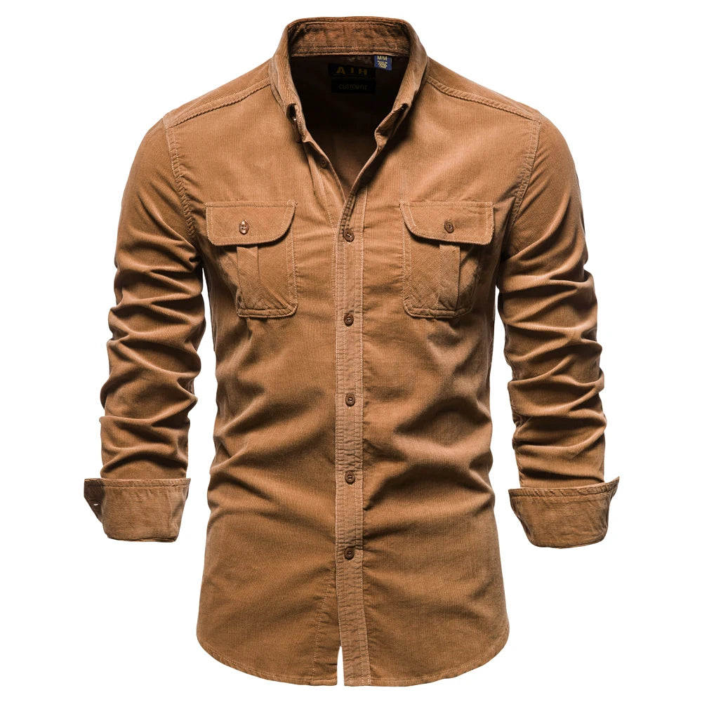 Men’s 100% Cotton Corduroy Shirt – Slim Fit Single-Breasted Casual Shirt