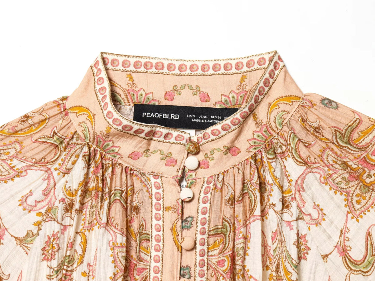 Women’s Retro Printed Pleated Blouse – Elegant Single-Breasted Top | Chic European & American Style