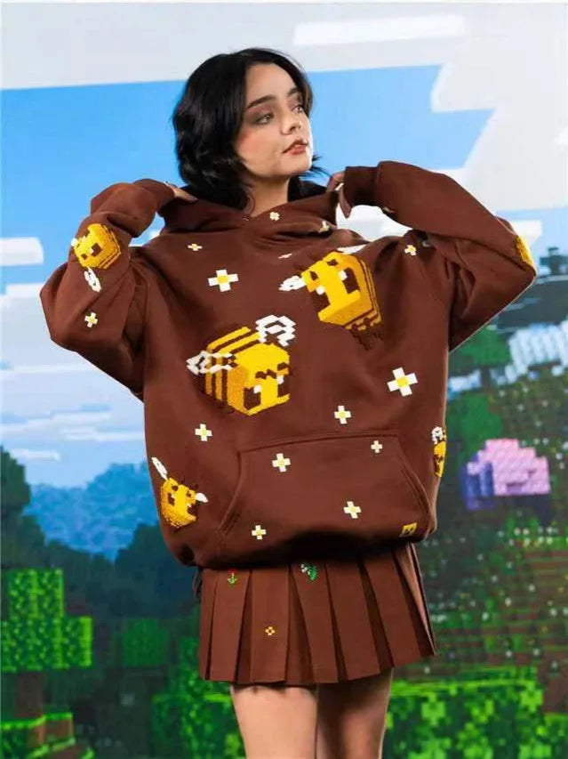 Brown Pixel Bee Zip-Up Hoodie – Y2K Kawaii Streetwear