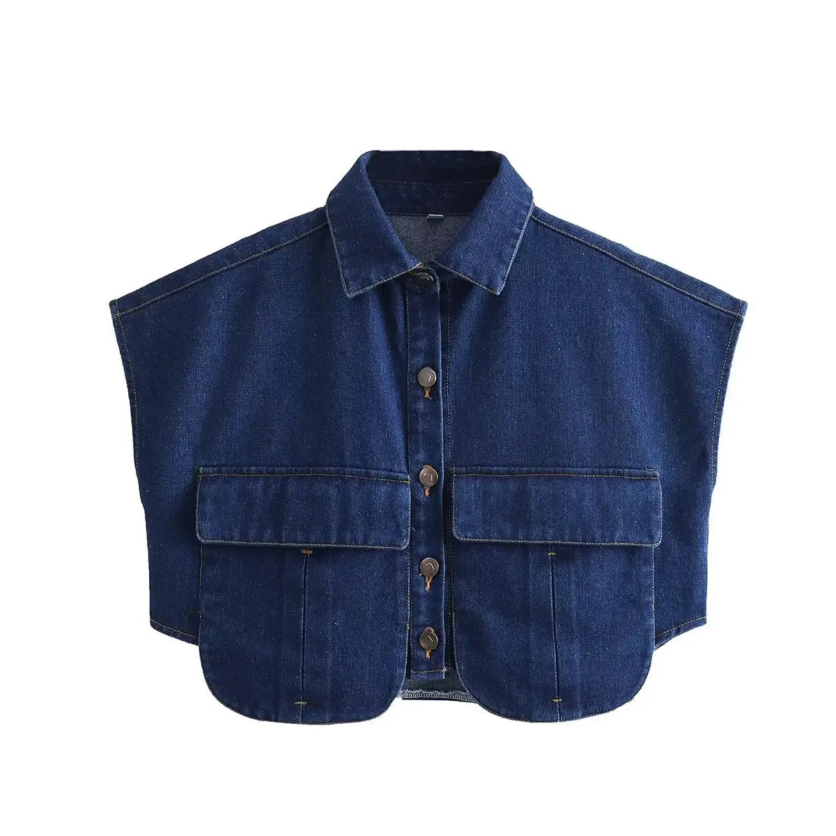 Women’s Cropped Denim Blouse – Sleeveless Button-Up Top with Pockets