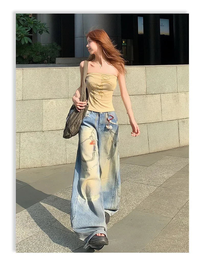 Mary's American Retro 3D Printed Chain Design Loose Wide Leg Denim Jeans