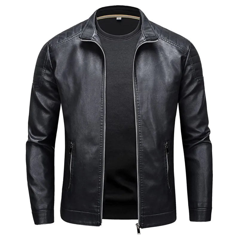 Men’s Stand Collar Leather Jacket – Slim Korean Style Casual Fashion Jacket