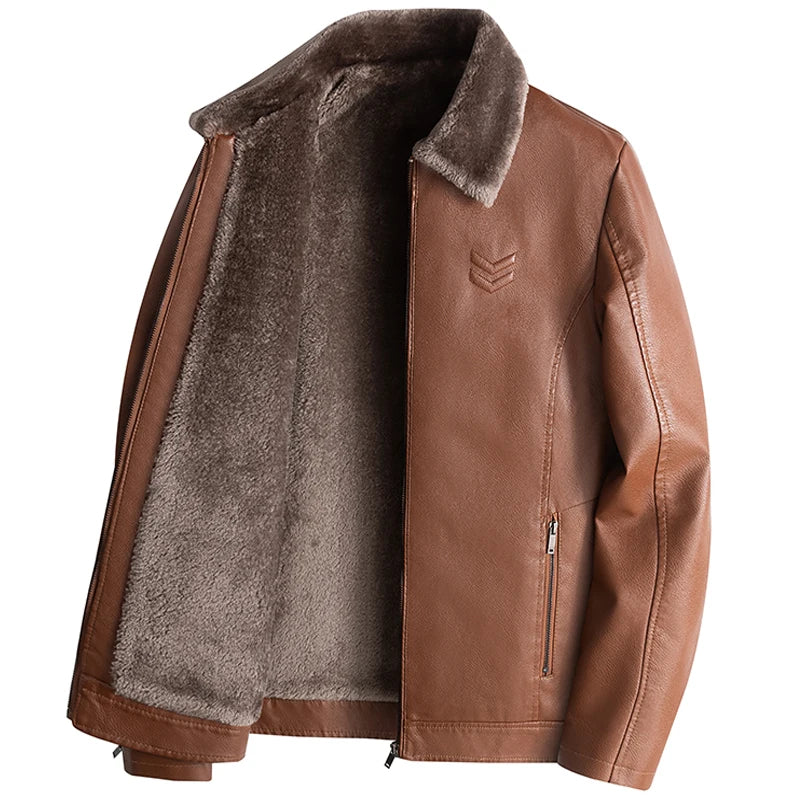 Men’s Fleece-Lined Leather Jacket – Autumn & Winter Business Casual Coat